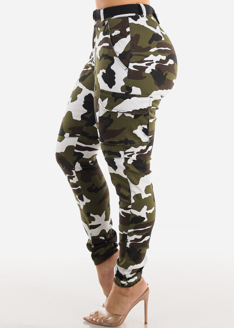 High Waisted Belted Camouflage Cargo Jogger Pants White