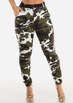 High Waisted Belted Camouflage Cargo Jogger Pants White