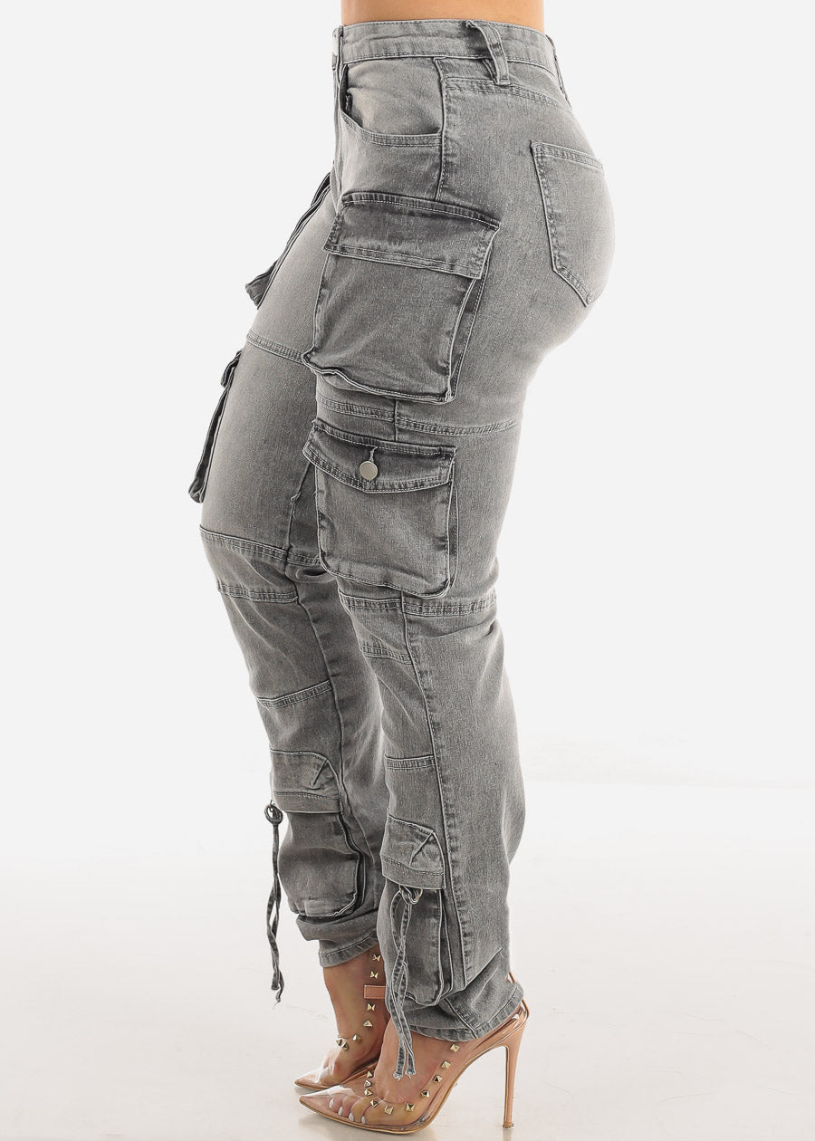 High Waisted Cargo Denim Jeans Light Grey