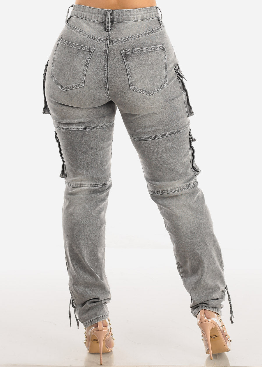 High Waisted Cargo Denim Jeans Light Grey