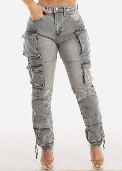 High Waisted Cargo Denim Jeans Light Grey