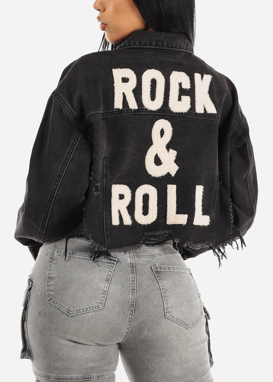 Black Graphic Cropped Denim Jacket "Rock & Roll"