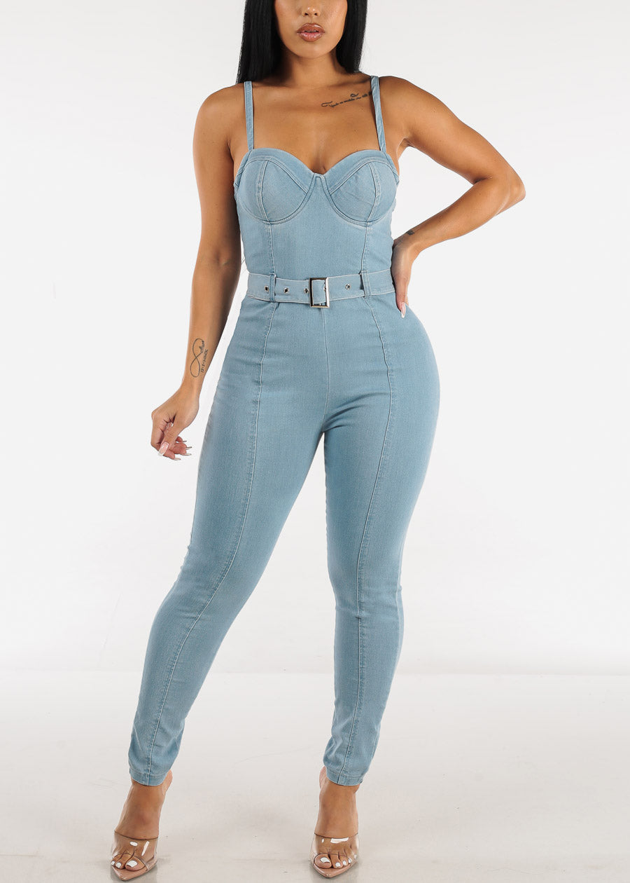 Women's Cotton Denim Overalls | Belted Jumpsuit | Charcoal Brown - Blooming  Daily