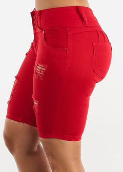 Red Butt Lifting Mid Rise Ripped Denim Bermuda Shorts