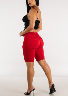 Red Butt Lifting Mid Rise Ripped Denim Bermuda Shorts
