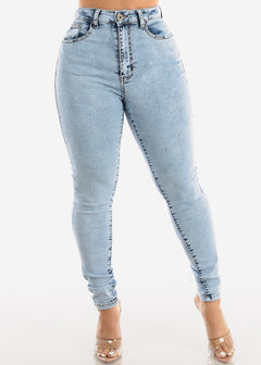 Classic 1 Button High Waisted Acid Wash Skinny Jeans