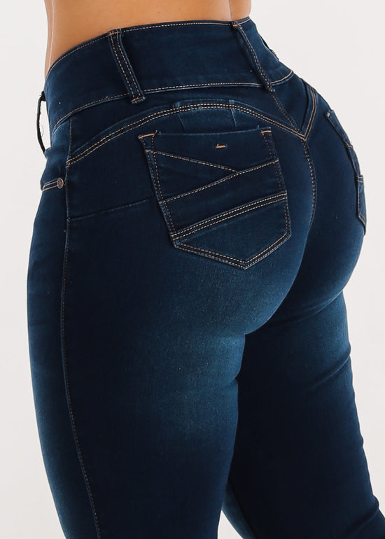 Women's Butt Lifting Whisker Skinny Jeans -Dark Blue Butt Lifting