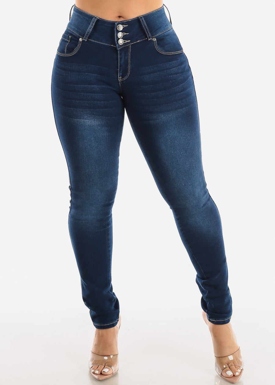 Dark Denim Mid Rise Butt Lifting Skinny Jeans