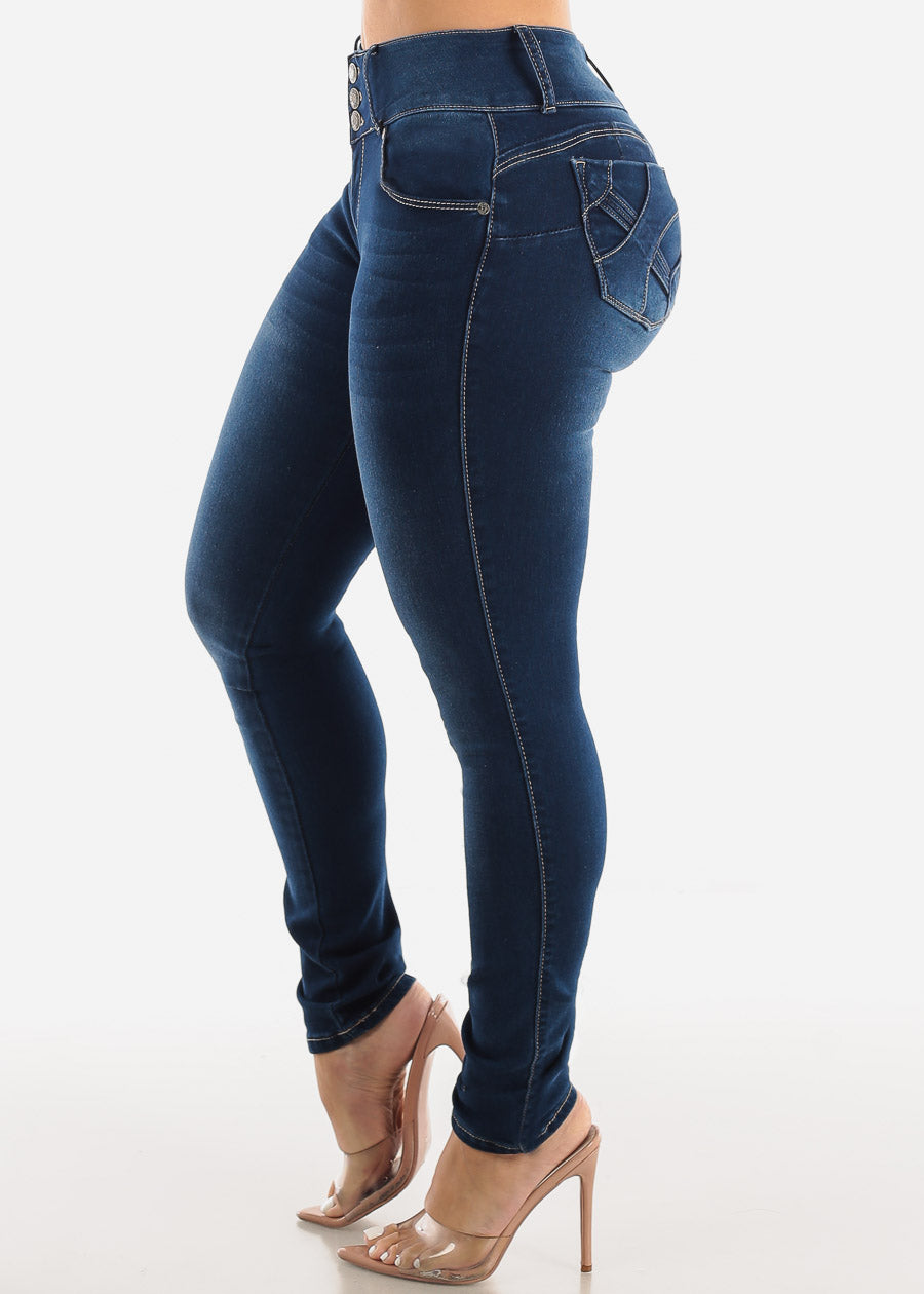 Dark Denim Mid Rise Butt Lifting Skinny Jeans