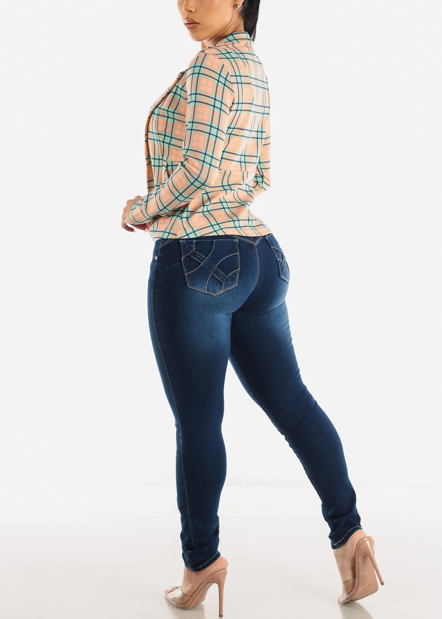 Dark Denim Mid Rise Butt Lifting Skinny Jeans