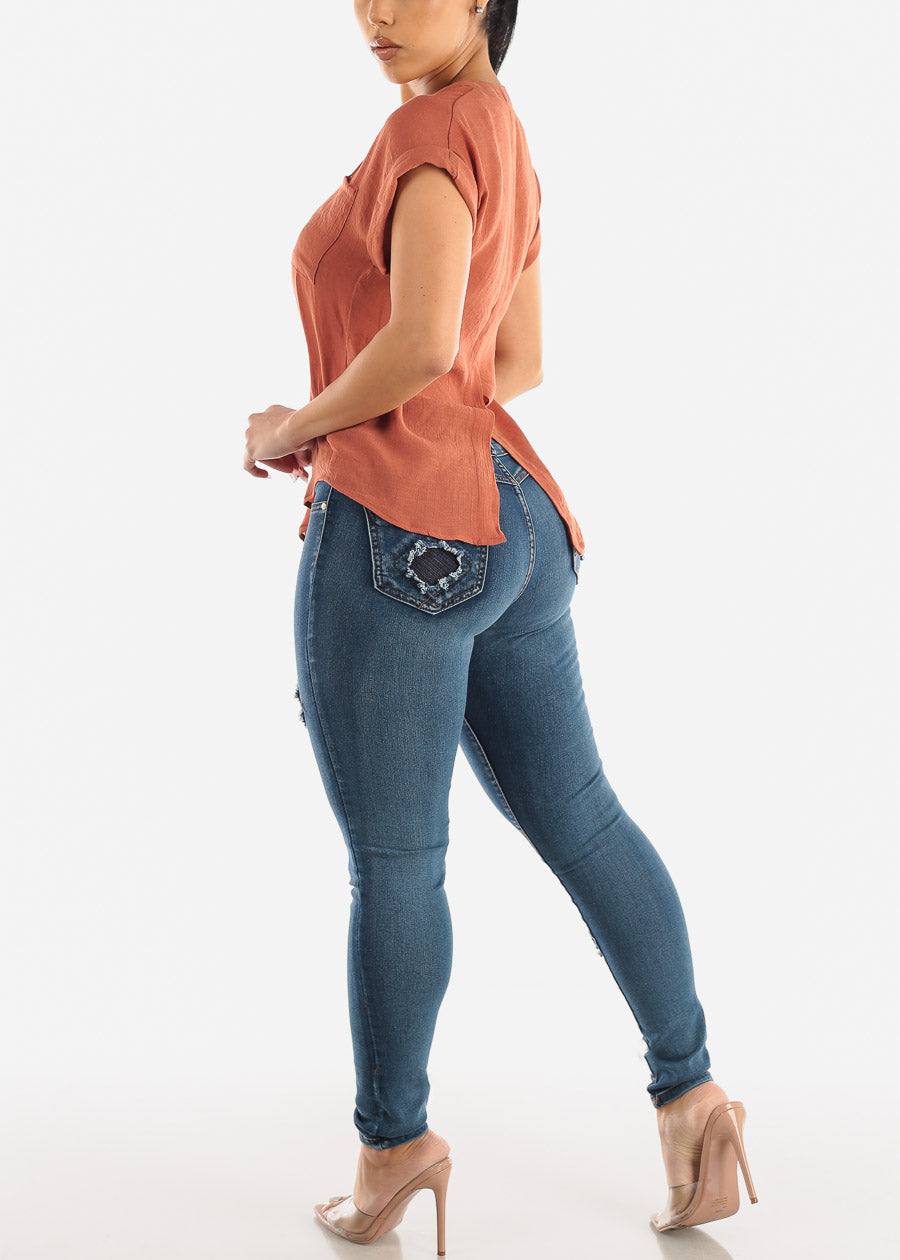 High Waisted Butt Lifting Patch Design Skinny Jeans
