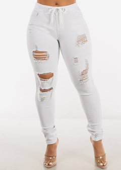 White Drawstring Waist Distressed Denim Skinny Jeans