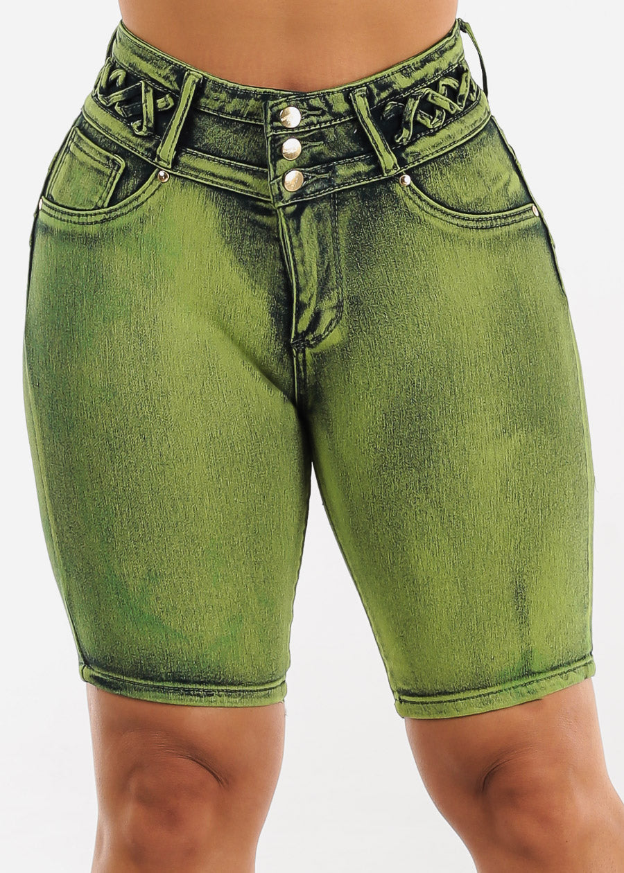 Lace Up Design Lavantacola Denim Bermuda Shorts Green Acid Wash