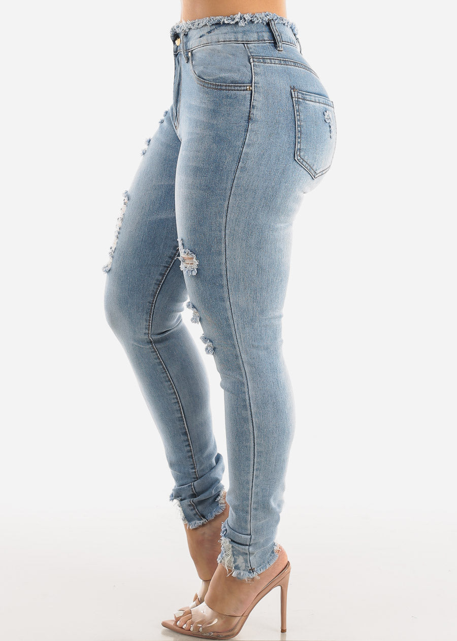 Distressed High Waisted Skinny Jeans Blue Wash