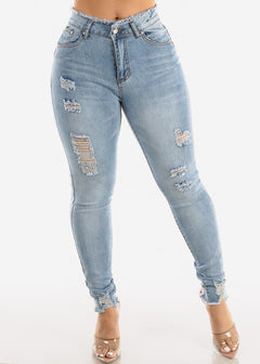 Distressed High Waisted Skinny Jeans Blue Wash
