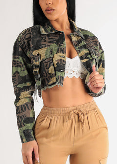Camo Long Sleeve Button Up Utility Cropped Jacket
