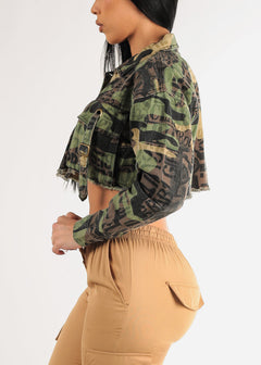 Camo Long Sleeve Button Up Utility Cropped Jacket