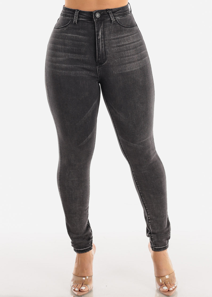 Classic 1 Button Super High Waisted Black Wash Skinny Jeans