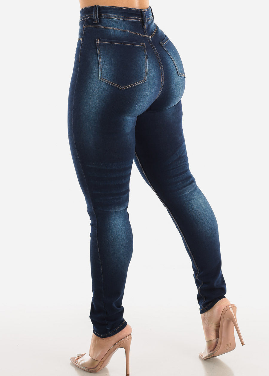 Classic 1 Button Super High Waisted Skinny Jeans Dark Blue