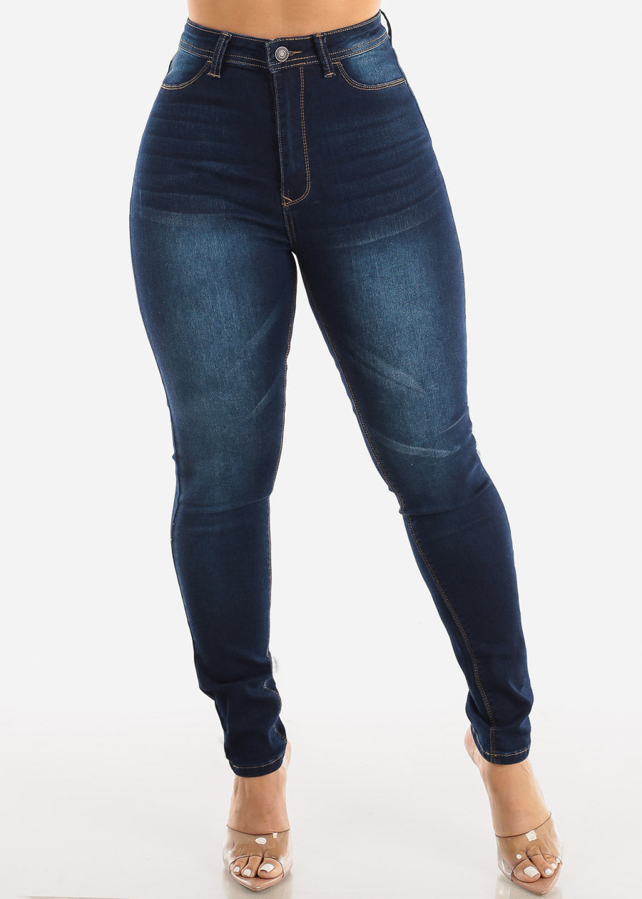 Classic 1 Button Super High Waisted Skinny Jeans Dark Blue