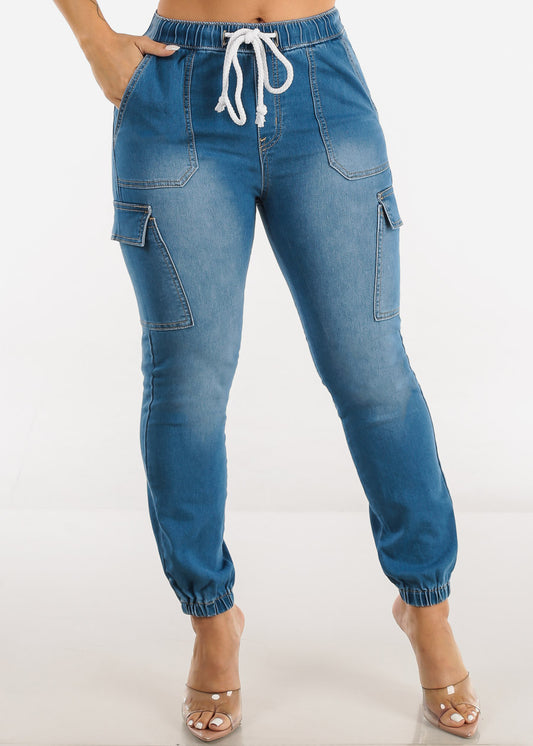 High Drawstring Waist Denim Cargo Joggers Med Blue