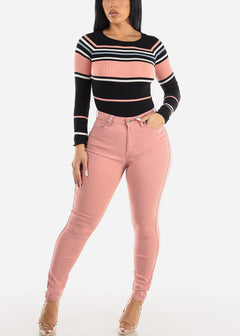 Classic 1 Button High Waisted Hyper Stretch Skinny Pants Pink