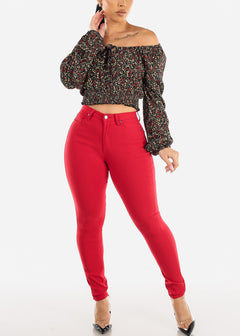 Classic 1 Button High Waisted Hyper Stretch Skinny Pants Red
