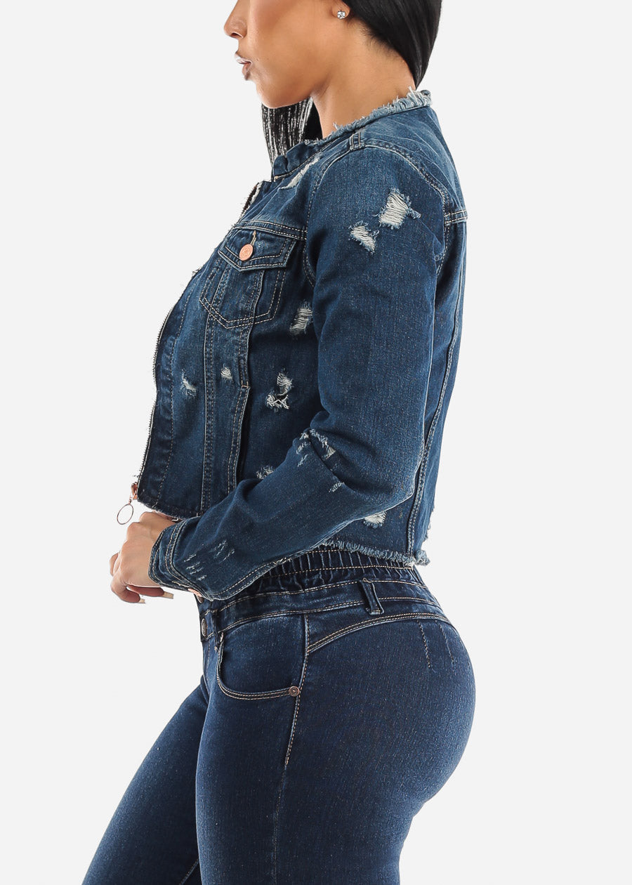 GUESS Womens Large Blue Jean Jacket Classic Stretch Denim Zip Front Zipper  Cuffs | eBay