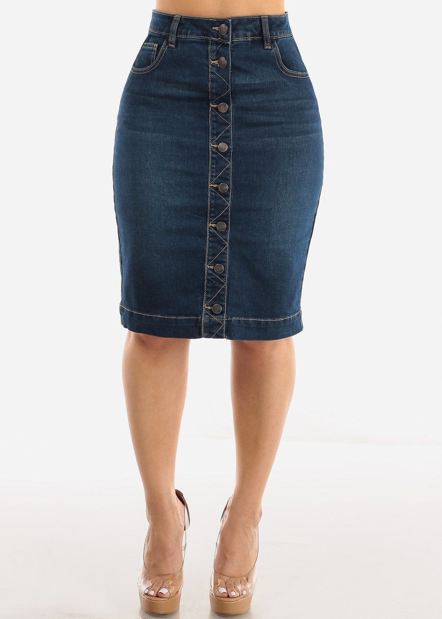 Stretchy Button Up Dark Denim Pencil Skirt