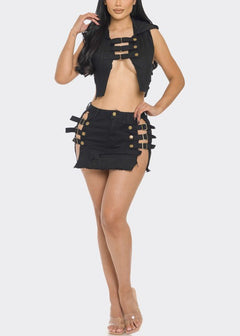 Strappy Black Denim Crop Top & Mini Skirt (2 PCE SET)