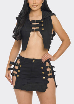 Strappy Black Denim Crop Top & Mini Skirt (2 PCE SET)