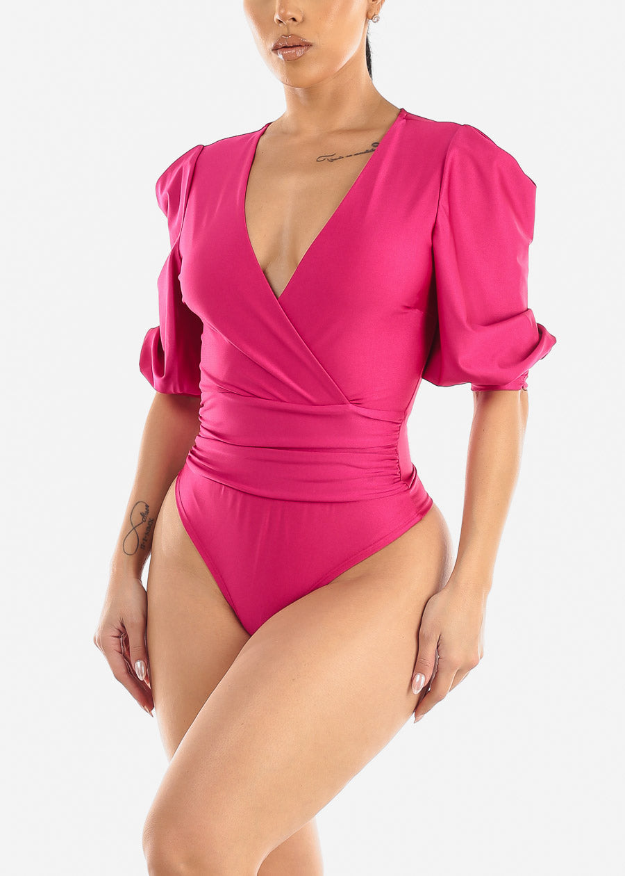 Women's Surplice Fuchsia Satin Bodysuit - Quarter Sleeve Satin Bodysuit –  Moda Xpress