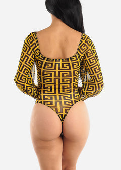 Long Sleeve Printed Mesh Thong Bodysuit Yellow & Black