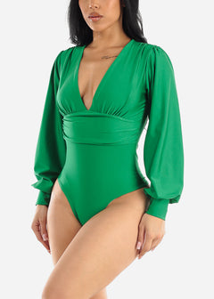Deep V-Neckline Long Sleeve Thong Bodysuit Green