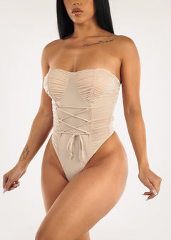 Nude Strapless Thong Bodysuit w Lace Up Front