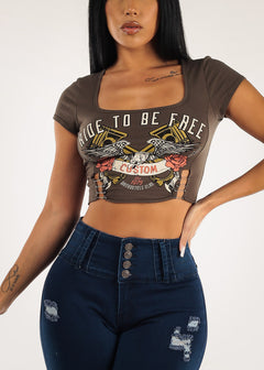 Vintage Graphic Short Sleeve Crop Top Ride To Be Free