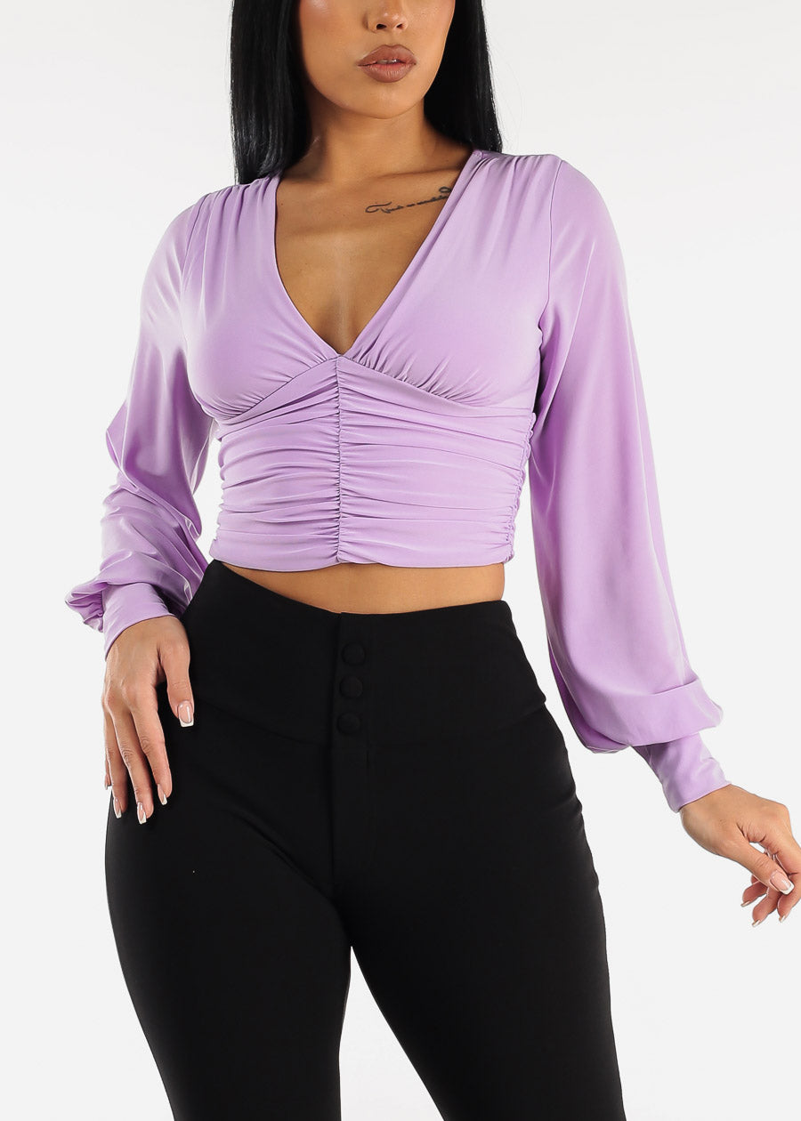 Bubble Sleeve Vneck Ruched Top Light Purple