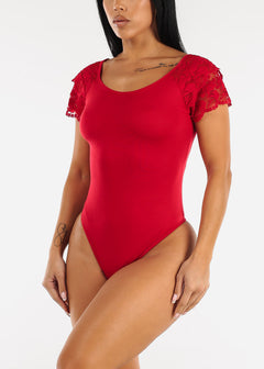 Red Lace Short Sleeve Thong Bodysuit