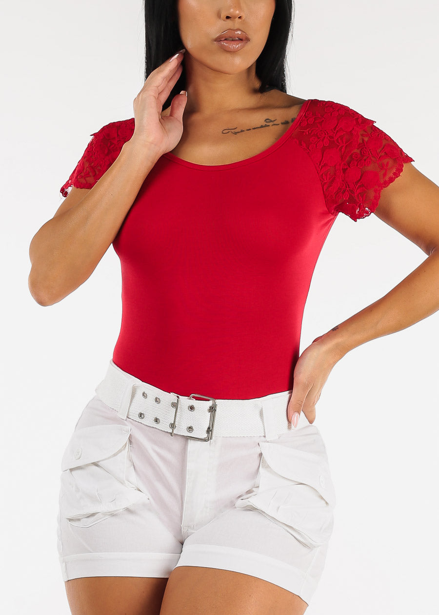Red Lace Short Sleeve Thong Bodysuit