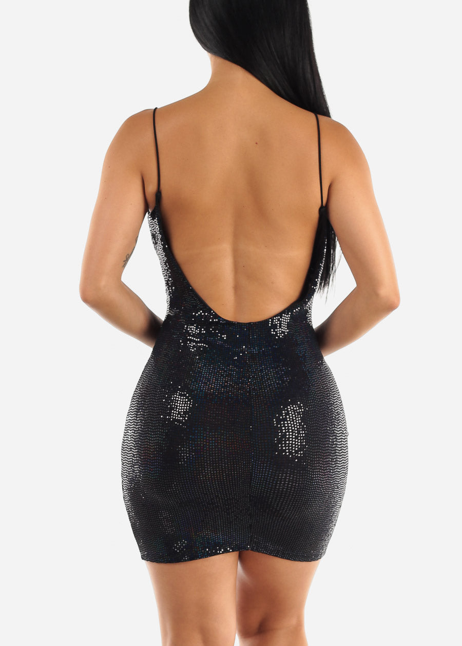 Open Back Sequins Cowl Neck Black Mini Dress