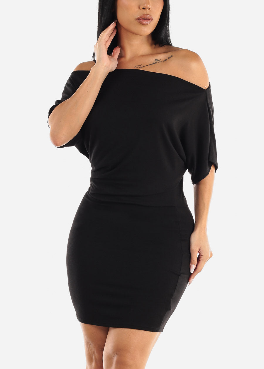 Short Dolman Sleeve Wide Neck Black Mini Dress