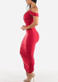 Red Surplice Ruched Bodycon Midi Dress w Draped Shoulders