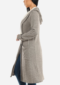 Long Sleeve Soft Rib-Knit Maxi Cardigan Grey w Hoody