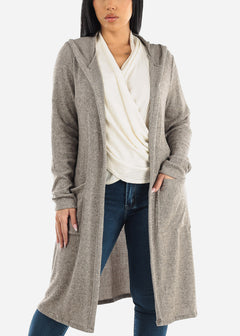 Long Sleeve Soft Rib-Knit Maxi Cardigan Grey w Hoody