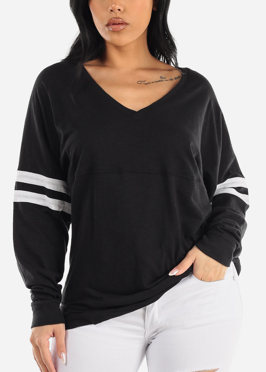 Black Varsity V-Neck Long Sleeve Tunic T-Shirt