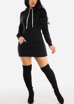 Black Long Sleeve Hooded Sweater Mini Dress