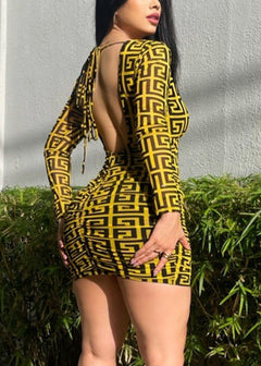 Sexy Open Back Ruched Long Sleeve Printed Mesh Mini Dress