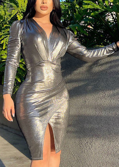 Sexy Silver Metallic Stretchy Bodycon Long Sleeve Mini Dress