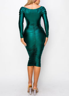 Sexy Green Metallic Long Sleeve Ruched Bodycon Midi Dress