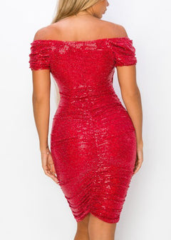 Sexy Red Sequin Bodycon Ruched Mini Dress